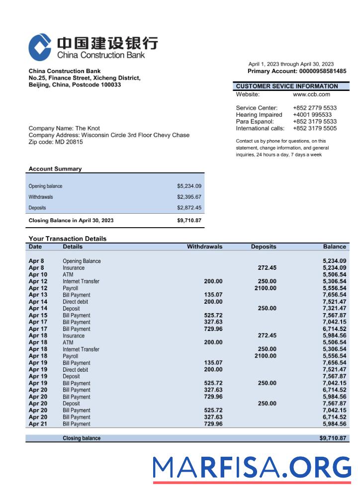 Downloadable China Construction bank business account statement Word and PDF template